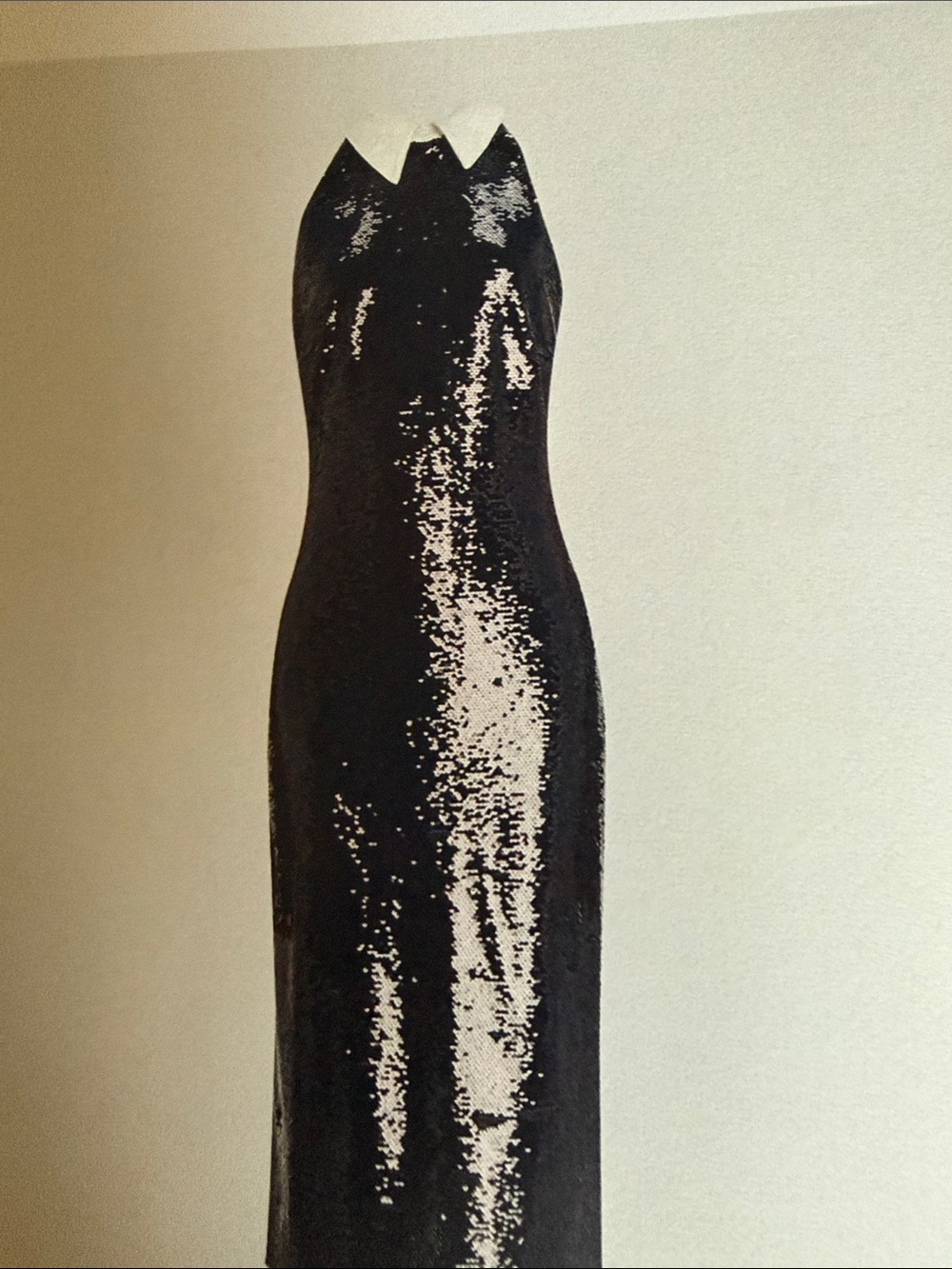 L'AGENCE Black Sequin Halter Midi Dress with White Contrast Collar - Picture 2 of 5